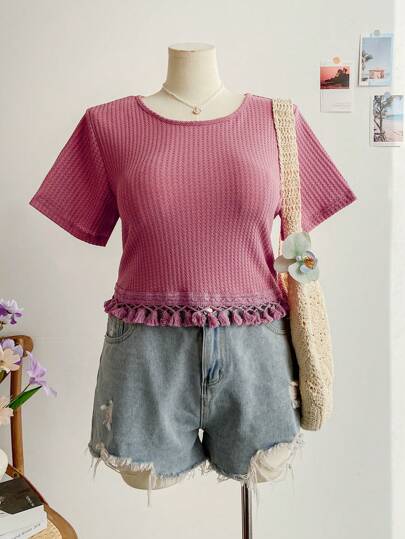 Soleia Plus Size Summer Solid Color Texture Fringed Hem Slim Fit T-Shirt