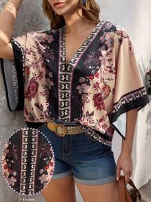 SHEIN Clasi Plus Size Casual Floral Print Batwing Sleeve Shirt - Multicolor - View 3