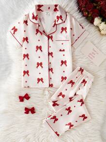 Genkimix Kids 2pcs Girls Allover Print Bowknot & Ribbon Pattern Polo Collar Cardigan Short Sleeve Top And Casual Long Pants Pajama Set - Apricot - View 7