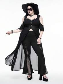 ROMWE Goth Cárdigan de playa de gasa con parches de encaje transparente, estilo gótico, tallas grandes, para verano
