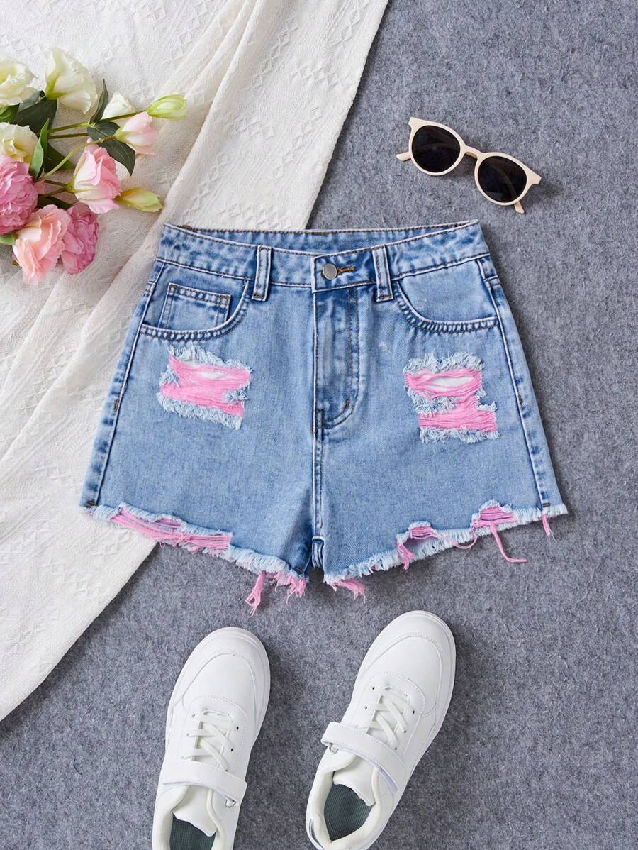 SHEIN Teen Girls' Contrast Color Frayed Hem Summer Denim Shorts With Pockets - Light Wash - View 1