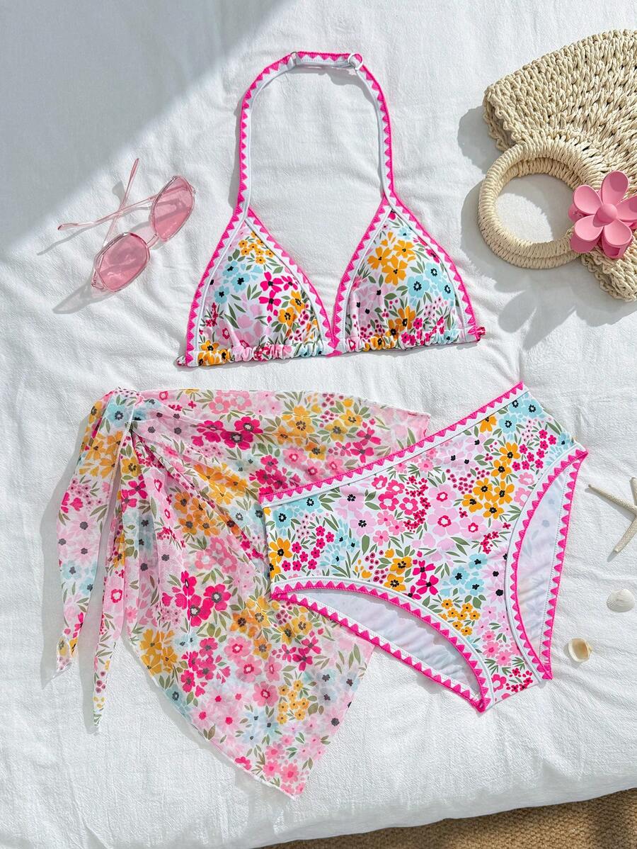 SHEIN Teen Girls Tropical Flower Print Halter Neck Bikini Swimsuit Set With Beach Skirt - Multicolor - View 1