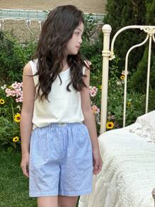 DAZY Sommer Strickweste und karierte Webshorts Set für Tween-Mädchen, Tween-Mädchen Loungewear