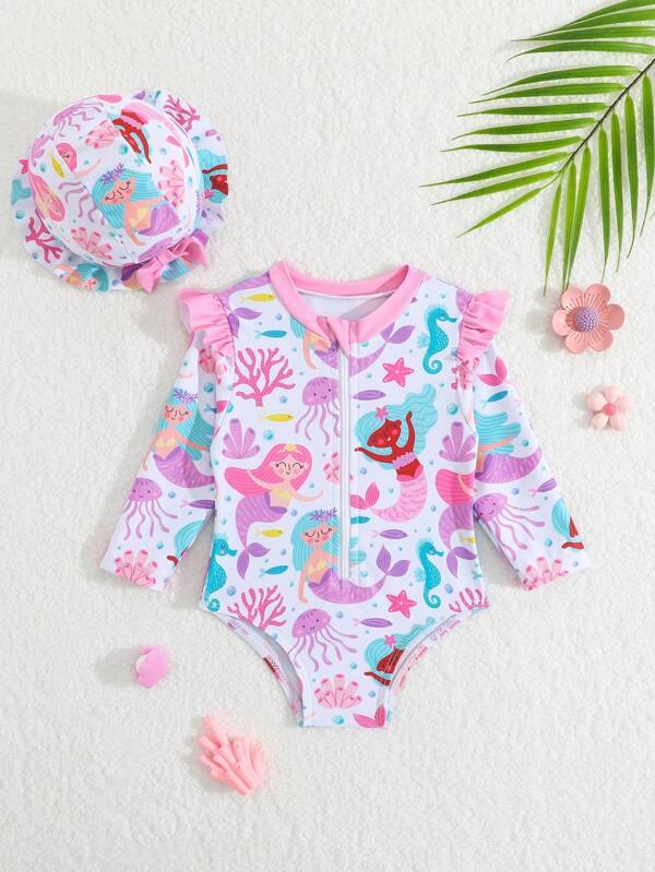 Newborn Swimsuit, Mermaid Print, Knit Fabric, Ruffled Edges, One-Piece Swimwear, With Hat, Girls, Fashion Leisure, Refined, Suitable For Swimming, Vacation, Summer Tropical Baby Clothes Baby Girl Clothes Beach Baby Beach Clothes Baby Girl Beach Clothes Swim Clothes For Baby Girl