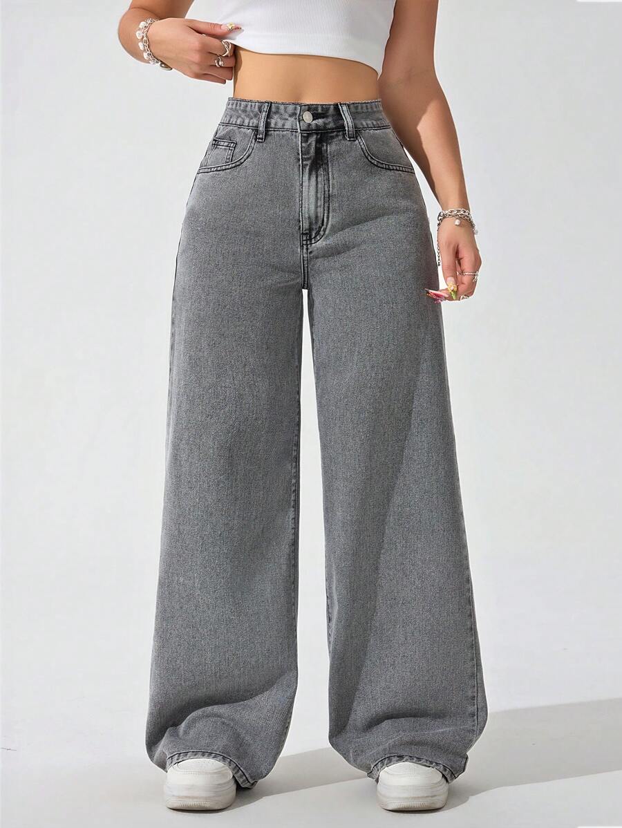 Women's Casual Washed Angled Pocket Wide Leg Baggy Jeans