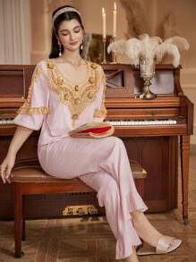 PalaceNights Vintage Royal Elegant Gold Lace Patchwork Women Sleepwear Pajama Set Holiday Season - Pink - View 5