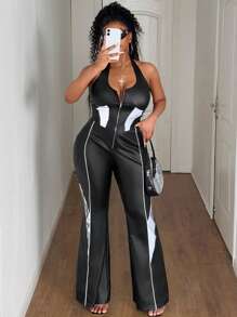 Maweii Plus Size Women PU 2 Pieces Set, Sexy Casual Stretchy Crop Top And Flared Pants - Black - View 2