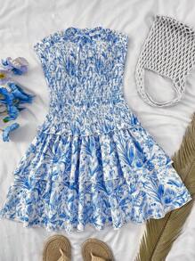 SHEIN 女童蓝白花卉印花双荷叶边下摆露肩度假连衣裙 - 藍白色 - 查看 8