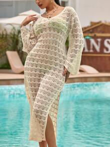 Women's Hollow Out Knitted Backless Dress, Casual Holiday Wear Fall Cloth For Women - Beige - View 5