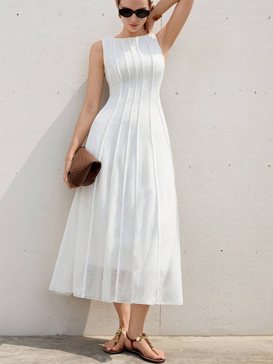 Aveloria Modichic Vestido elegante sin mangas con estampado floral, textura de tela, cintura alta y vuelo en el bajo, estilo vacacional - Blanco - Ver 1