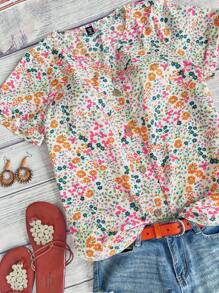 SHEIN LUNE Áo sơ mi tay ngắn in họa tiết toàn bộ phong cách ngày lễ mùa hè cỡ lớn - trắng - Xem 6