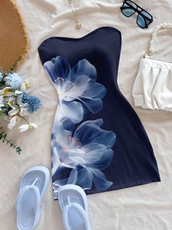 Modelyn Rochie mini fără bretele, la modă, cu imprimeu floral, potrivită pentru vacanță