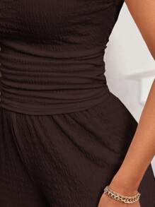 SHEIN Lady 白色弹力纹理不对称领上衣和阔腿裤配松紧腰带裤子女两件套休闲日常优雅四季皆宜