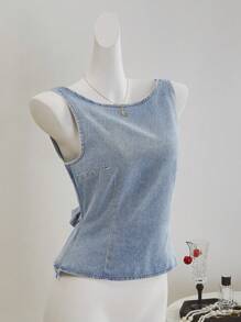 SHEIN MOD Top corto in denim da donna, canotta casual aderente senza maniche e senza schienale, blu