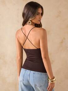 SHEIN BAE Brown Beaded Spaghetti Strap Tank Top For Ladies, Summer Tight Sexy Retro Cami Vest, Beach Holiday Sleeveless Top