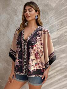 SHEIN Clasi Plus Size Casual Floral Print Batwing Sleeve Shirt - Multicolor - View 4