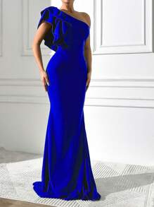 EURMUSE Women's Solid Color Simple Everyday Asymmetrical Neck Dress - Royal Blue - View 4