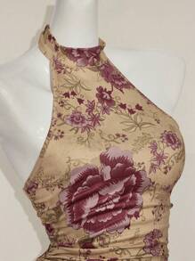 SHEIN ICON Y2K 夏季外出波西米亚西部乡村音乐会女式性感露背花卉印花挂脖上衣，夏季