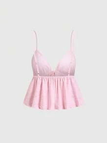 Sweetra Women's New Vacation Style Beachside Solid White V-Neck Camisole Vest Top With Hollow & Ruffle Trim, Summer Cropped Top , Babydoll Top