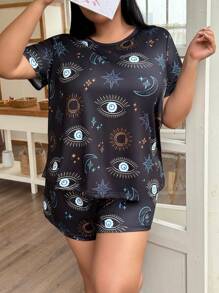 Conjunto de pijama de manga corta con cuello redondo y pantalón corto con estampado divertido, talla grande