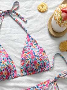 SHEIN Swim Conjunto de 2 piezas de ropa de playa de verano para mujer, top halter con volantes y estampado floral diminuto, y Bottom con lazo lateral, traje de baño con diadema