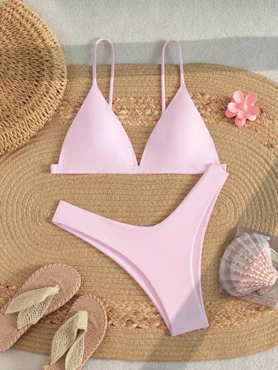 Swim Mod 2pcs/Set Solid Color Spaghetti Strap Bikini Swimwear With Detached Triangle Bottom For Summer Beach Vacation