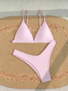 Swim Mod 2件套纯色细肩带比基尼泳装（带可拆卸三角形泳裤） - 淺粉色 - 查看 5