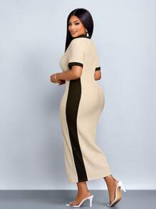 SOLERSUN “女式大码夏季休闲优雅简约基本款新款翻领V领短袖修身长裙黑杏色针织面料中长连衣裙” - 杏色 - 查看 2