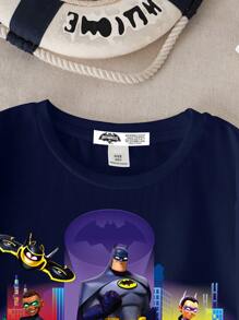 Batwheels X SHEIN Tween Boy Deep Blue Round Neck Short Sleeve Casual Cartoon Car Pattern T-Shirt
