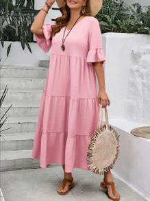 EMERY ROSE Vestido largo amarillo con cuello en V profundo, mangas con volantes y bajo con varios volados para mujer talla grande de verano - Rosa - Ver 4