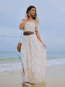 Briarwyn 女士梭织印花露肩连衣裙 女士夏季服装和女士沙滩装 花卉荷叶边连衣裙 女士优雅连衣裙 - 杏色 - 查看 7