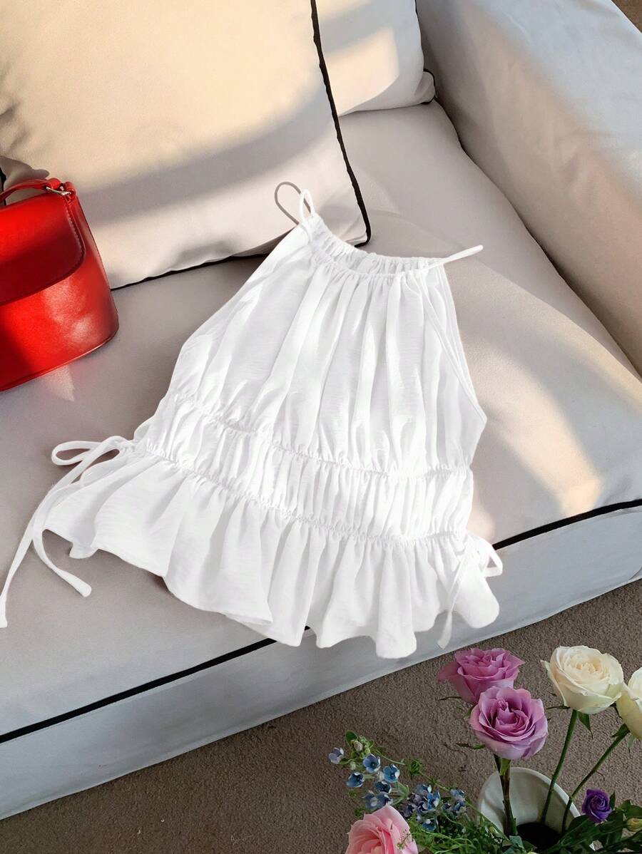 Comfortcana 女式休闲度假褶饰白色背心，无袖 - 白色 - 查看 1