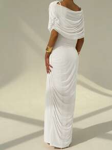 Aloruh Women's Solid Color Pleated Batwing Sleeve Elegant Dress - White - View 2