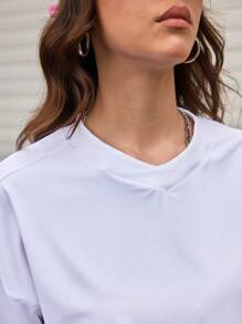 Streetz SHEIN Sport Sweatshirt Wanita Warna Polos Leher Bulat Lengan Panjang Potongan Longgar - Putih - View 2