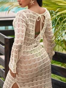 Women's Hollow Out Knitted Backless Dress, Casual Holiday Wear Fall Cloth For Women - Beige - View 6
