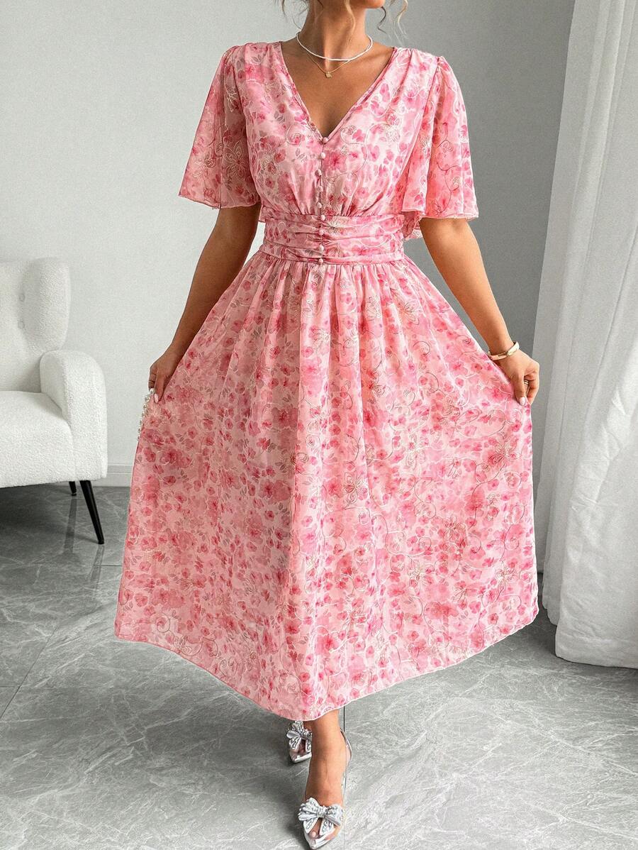 Elenzga 夏季加大码 V 领碎花松紧腰短袖优雅连衣裙