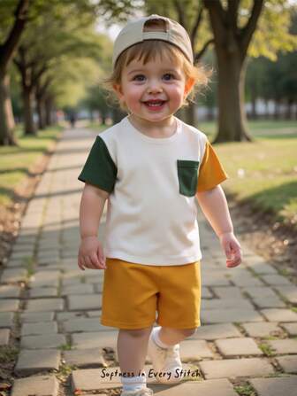 Cozy Pixies 2 Stücke Baby Jungen Set aus kontrastfarbigem gestricktem weichem Rundausschnitt Kurzarmoberteil und Shorts mit Gummizug
