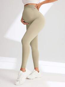SHEIN Maternity Seamless High Waist Stretchy Casual Solid Color Simple Leggings - Apricot - View 4