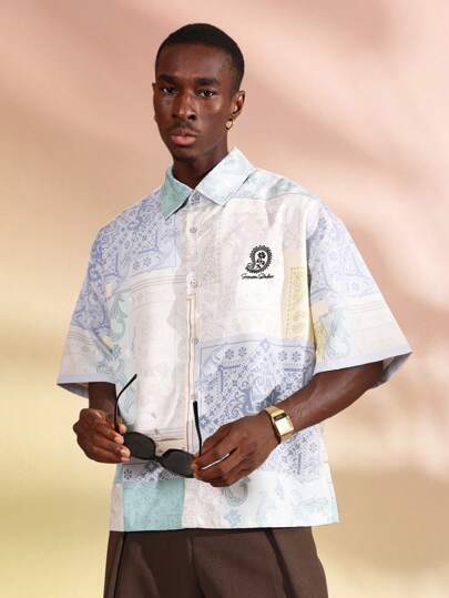 SUMWON 佩斯利印花夏季宽松纽扣衬衫短袖奢华图案高级休闲设计师时尚轻便街头服饰度假衬衫