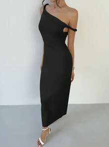 Firerie 女士优雅简约精致都市时尚日常办公室聚会婚礼旅行扭纹不对称紧身杏色细肩带连衣裙 - 黑色 - 查看 6