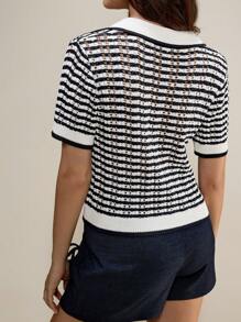 Muvela Regular Loose Fit Short Sleeve Polo Knit Top - Blue and White - View 3