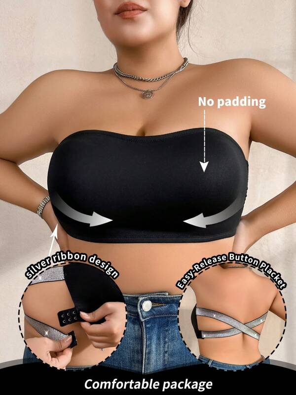 NudeFit 1 pieza Sujetador moldeador sexy de corte Bandeau para mujer talla grande con cinta plateada
