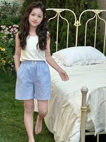 DAZY Sommer Strickweste und karierte Webshorts Set für Tween-Mädchen, Tween-Mädchen Loungewear