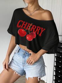 SHEIN EZwear 女士休闲单肩樱桃图案黑色短款超大短袖 T 恤，非常适合夏季穿着 - 黑色 - 查看 5