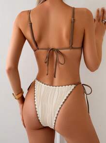 Swim Basics Bộ bikini họa tiết kim loại trơn màu mới dành cho nữ, dễ mặc/cởi, gợi cảm với viền dệt, mùa hè - Màu be - Xem 7