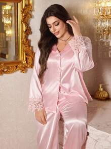 MuseNap CURVE Conjunto de pijama de 2 piezas de satén con adorno de encaje para mujer de talla grande, ropa de otoño e invierno - Rosa - Ver 4