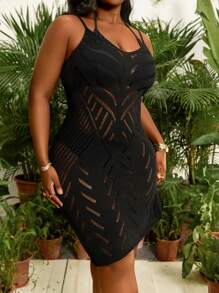 Slaydiva Plus Size Women's Black Backless Hollow-Out Vacation Elegant Beach Knit Dress For Summer - Black - View 5