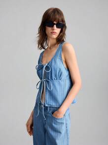 Ontre Women's Blue Denim Top Casual Bowknot Vest Comfort Striped Denim Old Money Style - Medium Wash - View 6