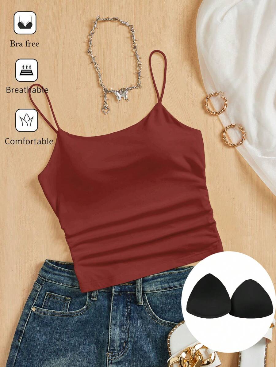 SHEIN Essnce Women Tight-Fitting Round Neck Chest Pad Breathable Summer Basic Camisole Women Tops Bra Free Top Cami Tops Tops For Women Basic Top Double Lined Cami Top Bra Free Cami Top Crop Top Double Lined Top