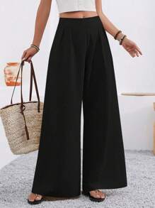 SHEIN PETITE 女士夏季休闲人造丝抽绳腰直筒裤，带口袋，适合外出、约会、度假 - 杏色和驼色 - 黑色 - 查看 4